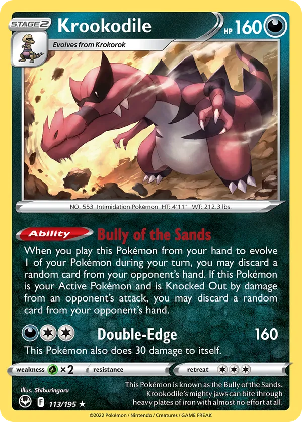 Krookodile card 113 from Silver Tempest, an example of a holo rare where the artwork shines