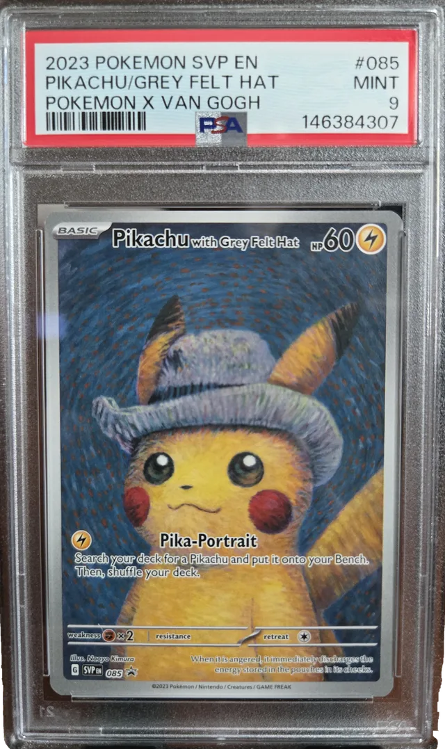 A graded Pikachu with Grey Felt Hat promo in a PSA holder labelled MINT 9, painted in the style of a Van Gogh self portrait