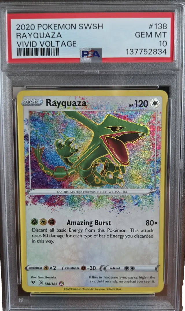 Rayquaza #138 PSA GEM MT 10, front of the graded holder